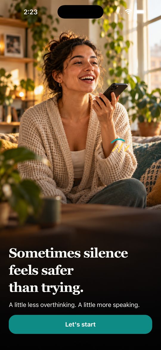 Sap Sap Speak welcome screen: a woman smiling as she speaks into her phone