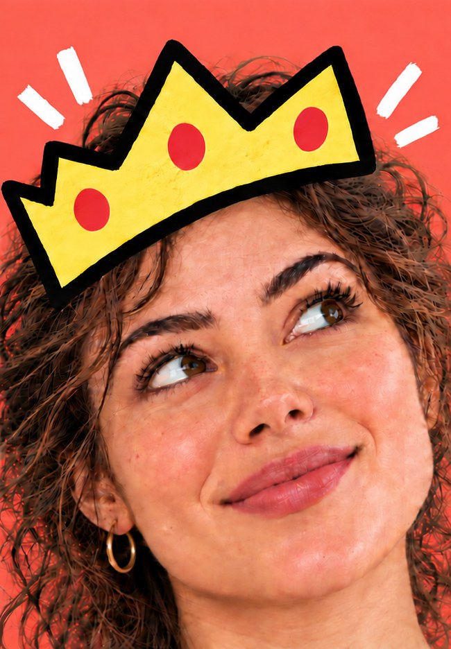 A learner smiling with a paper crown on her head after speaking